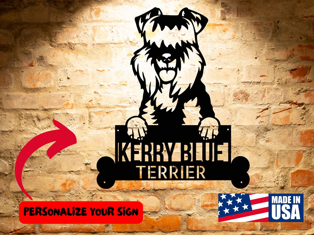 A wooden door with a Custom Kerry Blue Terrier Dog Sign | Personalized Dog Wall Art | Handcrafted Home Decor | Unique Gift on it and a potted plant.