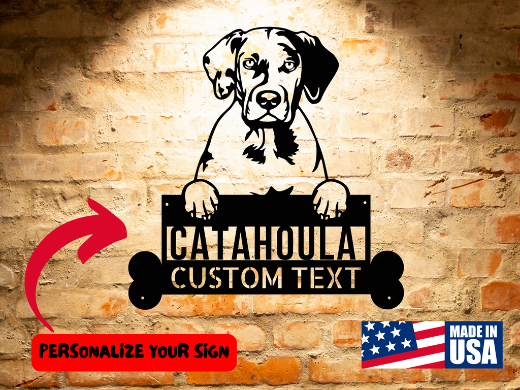 A Catahoula Dog Name Sign, personalized dog wall art, customizable gift for Catahoula pet owners, custom pet breed wall art featuring a Catahoula dog name on a brick wall, perfect for pet owners.