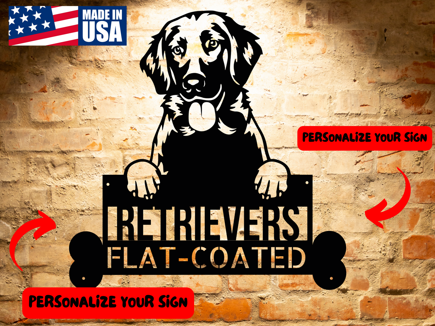 Black and white illustration of a Flat-Coated Retriever holding a sign that reads "Retrievers Flat-Coated". Perfect for Pet Wall Art, this design can also be customized as a Retrievers Flat-Coated Dog Metal Sign - Custom Steel Sign Wall Art - Perfect Home Decor - Animal Lovers Gift.