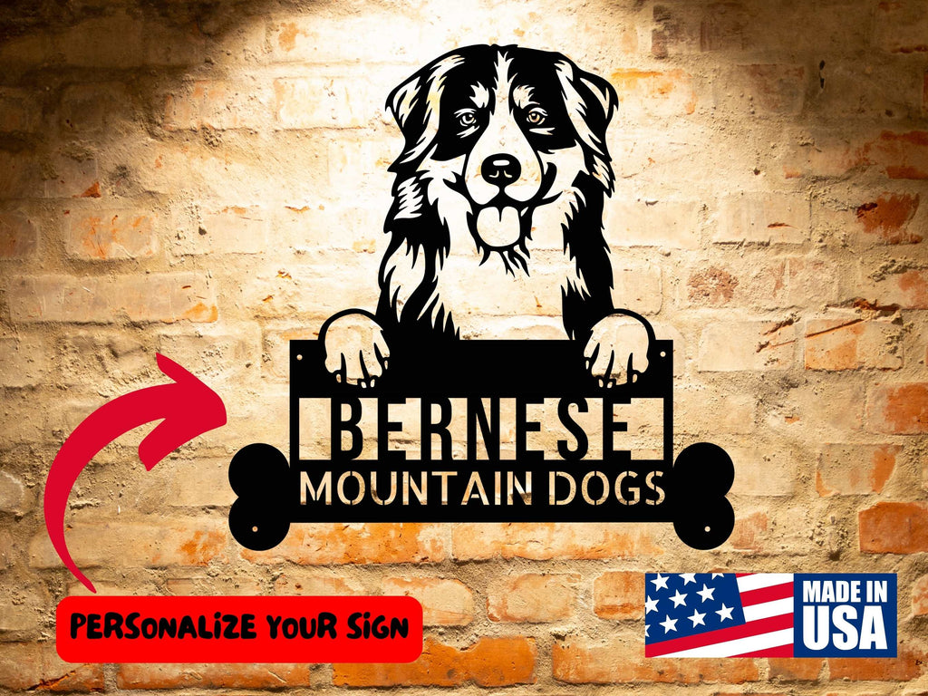A Bernese Mountain Custom Dog Sign graces a brick wall.