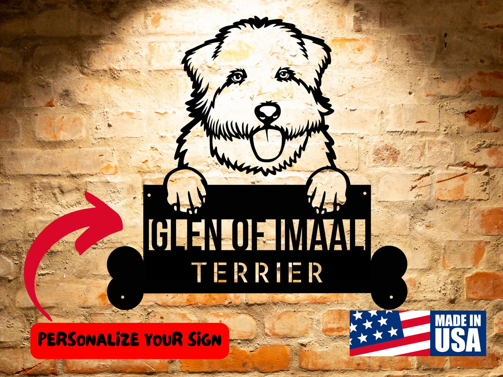 A Personalized Glen of Imaal Terrier Sign: Unique Metal Artwork for Pet Owners, Personalized Dog Wall Art Home Decor, Animal Lovers Gift, Pet Home Decor dog is holding a sign that says "Personalized Glen of Imaal Terrier Sign: Unique Metal Artwork for Pet Owners, Personalized Dog Wall Art Home Decor, Animal Lovers Gift, Pet Home Decor".