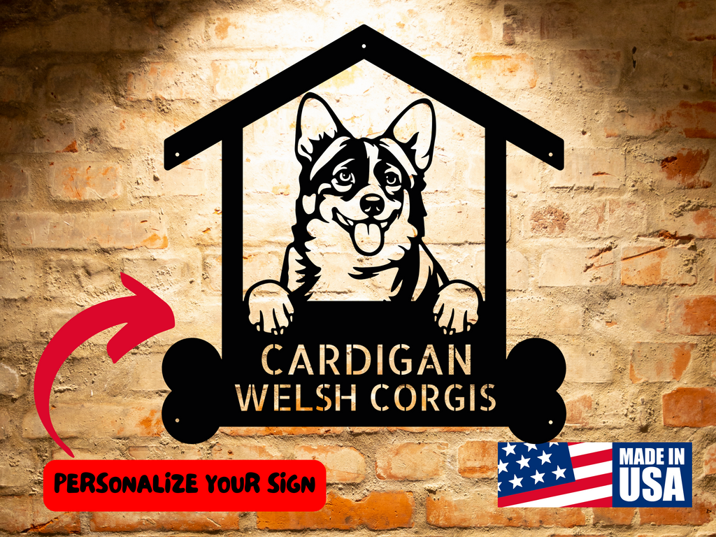 Customizable Cardigan Welsh Corgi Dog Name Sign featuring a Cardigan Welsh Corgi.