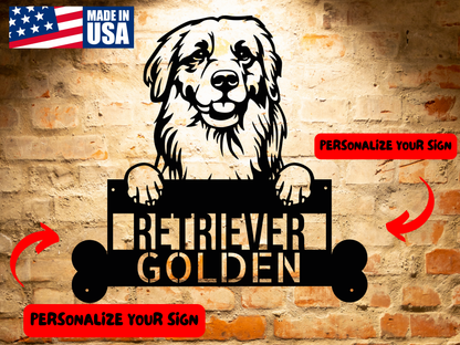 Black and white illustration of a Golden Retriever with its paws resting on a sign that reads "Golden Retrievers Steel Sign - Unique Home Décor for Pet Owners - Ideal Animal Lovers Gift." This charming piece of pet wall art captures the essence of the beloved breed.