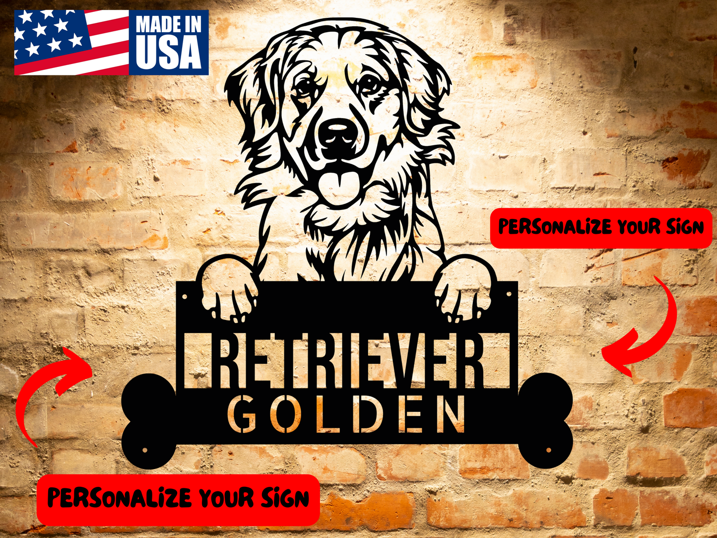 Illustration of a Golden Retriever holding a sign that reads "Golden Retriever," perfect for Golden Retriever Dog Metal Sign, Personalized Steel Home Decor, Unique Gift for Dog Lovers enthusiasts, with an adorable bone detail at the bottom.