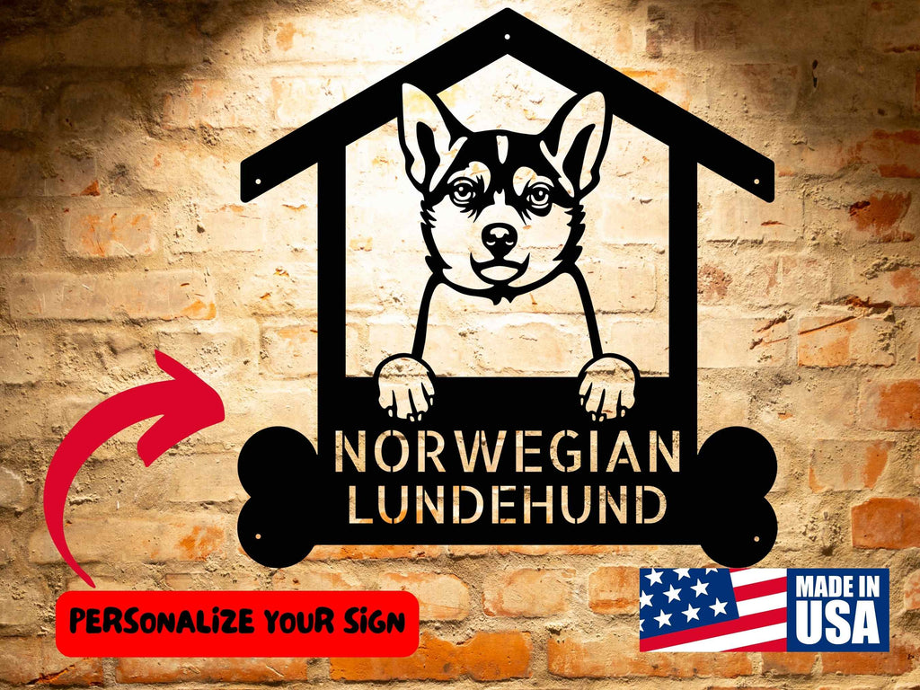 A wooden Norwegian Lundehund Dog Sign | Custom Steel Monogram Wall Art - Handcrafted Dog Lover Gift with a dog house on it.