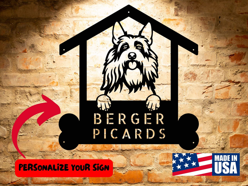 A metal sign made of 18 gauge steel with the product name "Berger Picards Custom Dog Sign - Personalized Metal Wall Art for Berger Picard Lovers - Dog Address Plaque - Unique Home Decoration" on it.