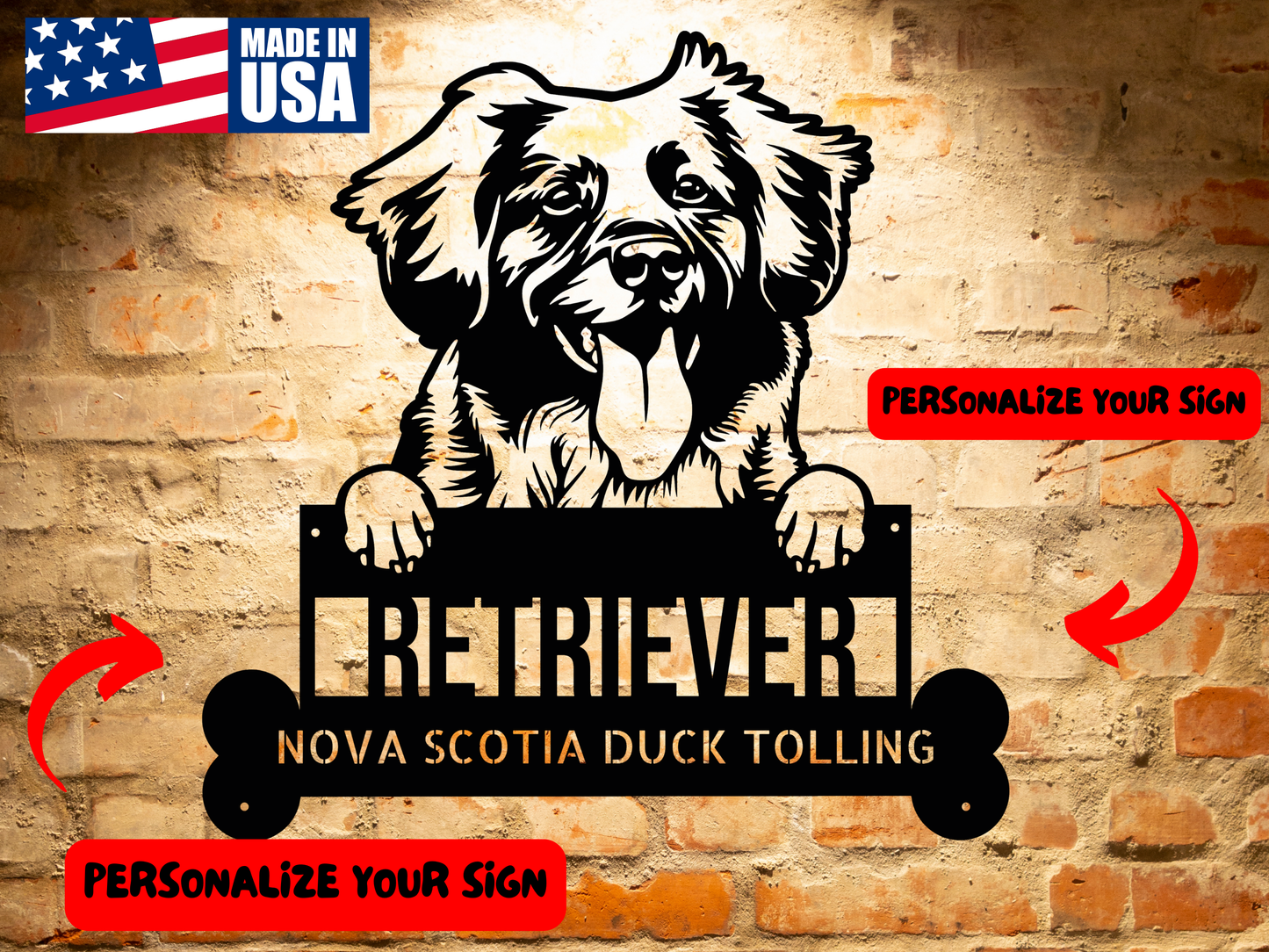 A black and white illustration of a Newfoundland dog holding a personalized metal sign in its mouth that reads "Retrievers Nova Scotia Duck Tolling Dog Metal Sign, Custom Steel Sign Home Decor, Perfect Animal Lover Gift.