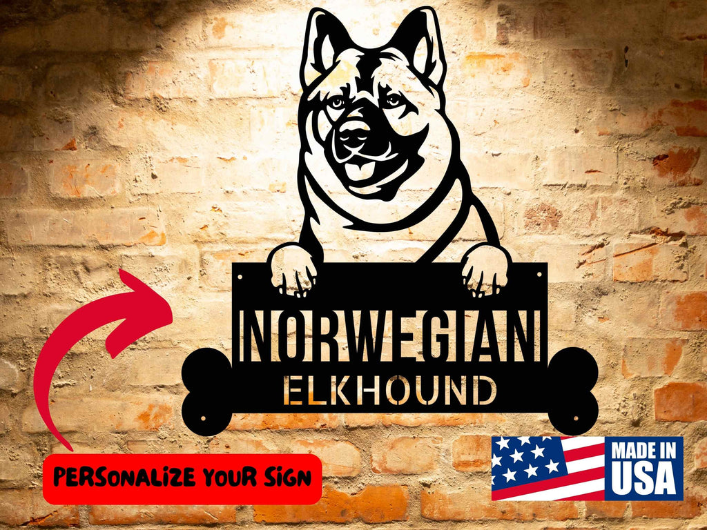 A wooden door with a Norwegian Elkhound Dog Sign | Custom Steel Monogram Wall Art - Handcrafted Dog Lover Gift on it and a potted plant.