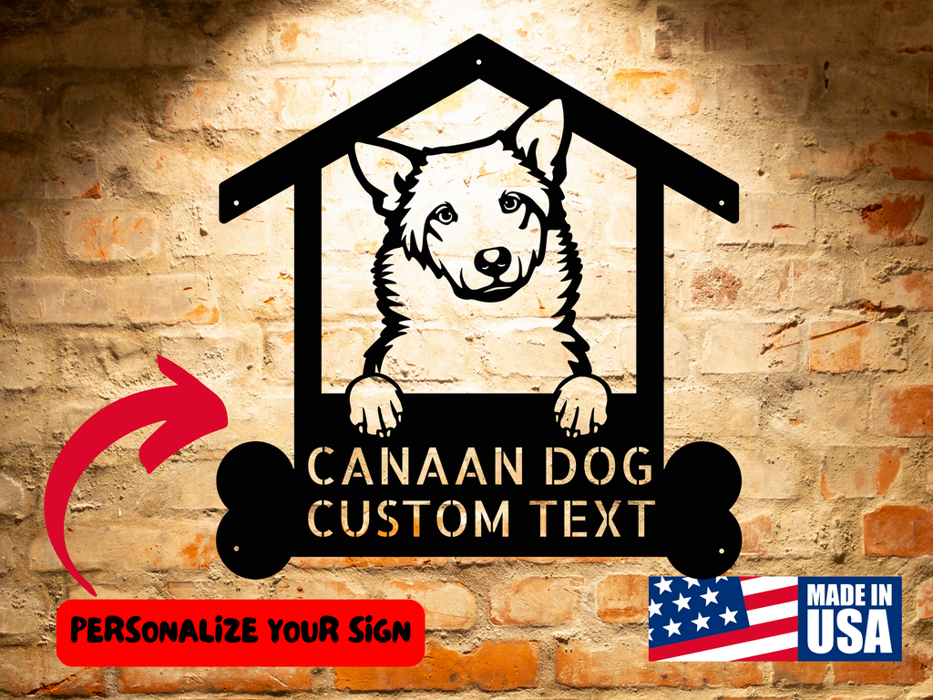 A Custom Canaan Dog Name Sign, Unique Handcrafted Decor, Personalized Dog Welcome Sign, Indoor Outdoor Animal Home Decor on a brick wall, suitable for indoor or outdoor decor.
