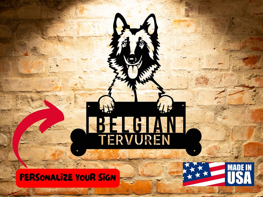 A Belgian Tervuren Custom Dog Metal Sign featuring a Belgian Tervuren, creating personalized wall art.