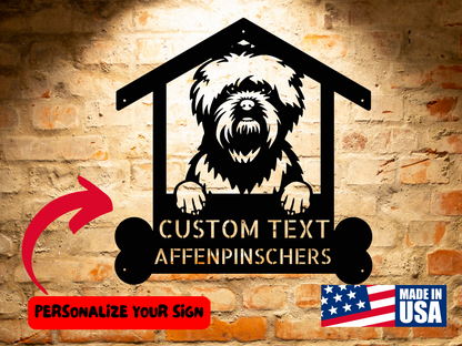 A dog in a house with the text AFFENPINSCHERS DOGS 2 - Custom Dog Breed Metal Sign - Personalized Welcome Sign for Dog Lovers - Dog Address Sign - Dog Wall Art- Unique Gift for Dad.