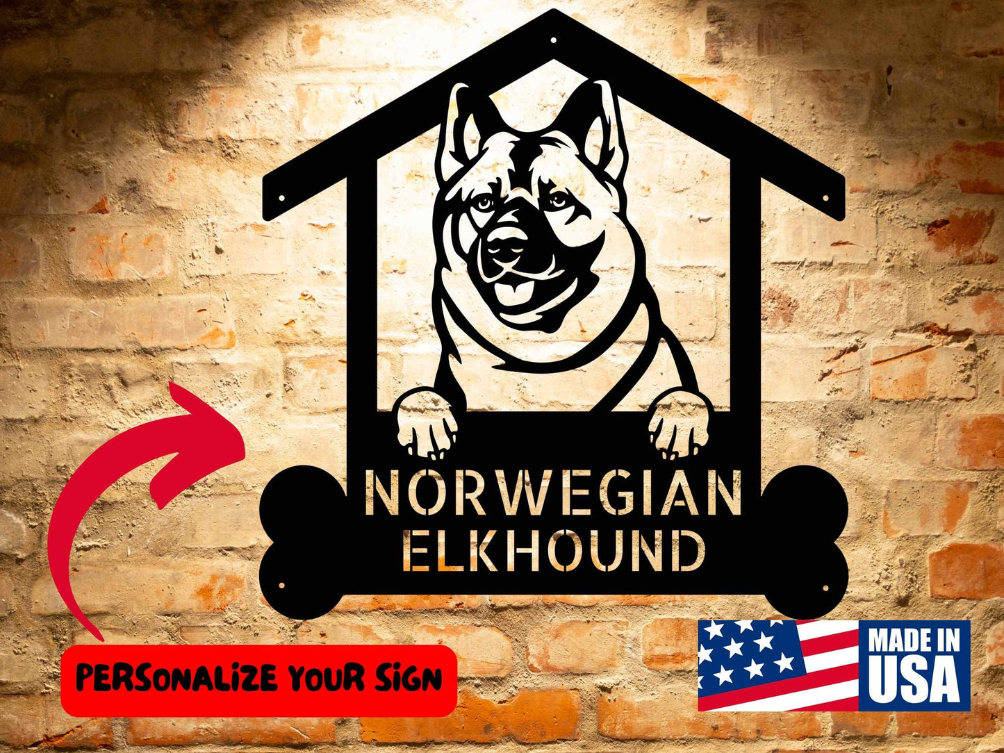 A wooden door with a Personalized Norwegian Elkhound Dog Sign | Custom Steel Monogram Wall Art - Unique Gift for Dog Lovers on it.