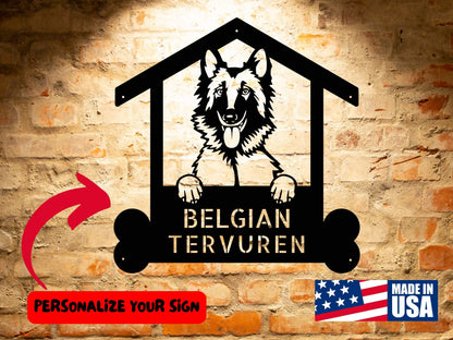 Custom Belgian Tervuren Dog Sign, Personalized Welcome Sign for Belgian Tervuren Lover, Custom Dog Owner Wall Decor Gift featuring a Belgian Tervuren silhouette, mounted on a brick wall. Text reads "BELGIAN TERVUREN" within a bone-shaped base. A red arrow indicates customization options for personalized dog welcome signage, and a "Made in USA" logo is present—perfect for Belgian Tervuren lovers.