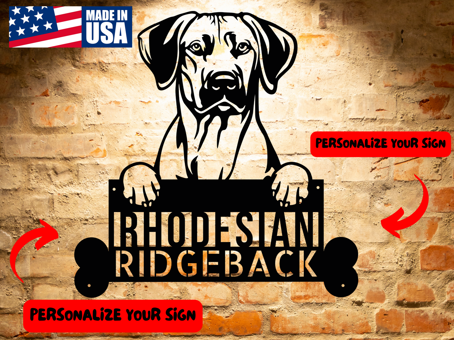 Silhouette of a Rhodesian Ridgeback dog holding a sign with the text "Rhodesian Ridgeback" and two bone shapes on both ends, perfect for a Rhodesian Ridgeback Dog Sign - Custom Metal Artwork for Animal Lover's Home, Perfect Gift.