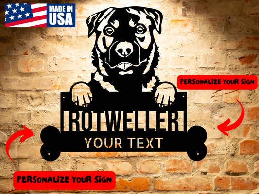 Black and white illustration of a Rottweiler holding a customizable Rhodesian Ridgeback Dog Metal Sign, Custom Steel Wall Art, Personalized Home Decor, Unique Dog Lovers Gift that reads "ROTTWEILER YOUR TEXT." This piece of Pet Wall Art adds charm to any space.