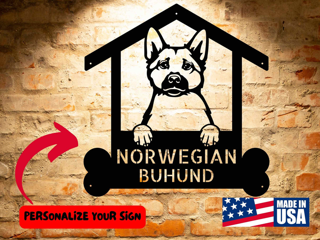 A wooden Personalized Norwegian Buhund Dog Sign | Custom Steel Monogram Wall Art - Unique Gift for Dog Lovers with a dog house on it.