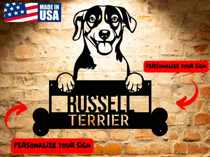 Black and white illustration of a Russell Terrier dog with its front paws resting on a nameplate that reads "Russell Terrier." Perfect as Russell Terrier Dog Metal Sign, Personalized Steel Wall Art, Perfect for Home Décor, Unique Gift for Dog Lovers, this personalized metal sign makes for charming pet wall art.