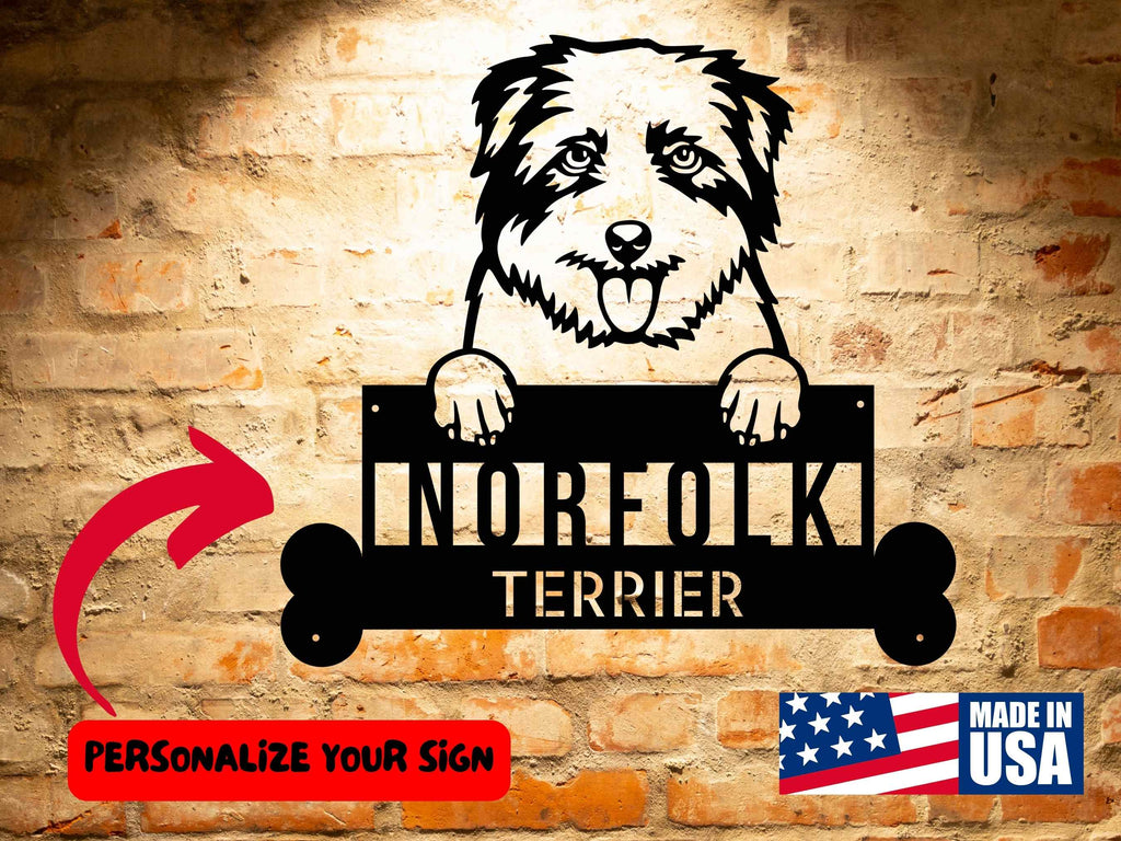 A wooden Personalized Norfolk Terrier Dog Sign with a dog's face on it.