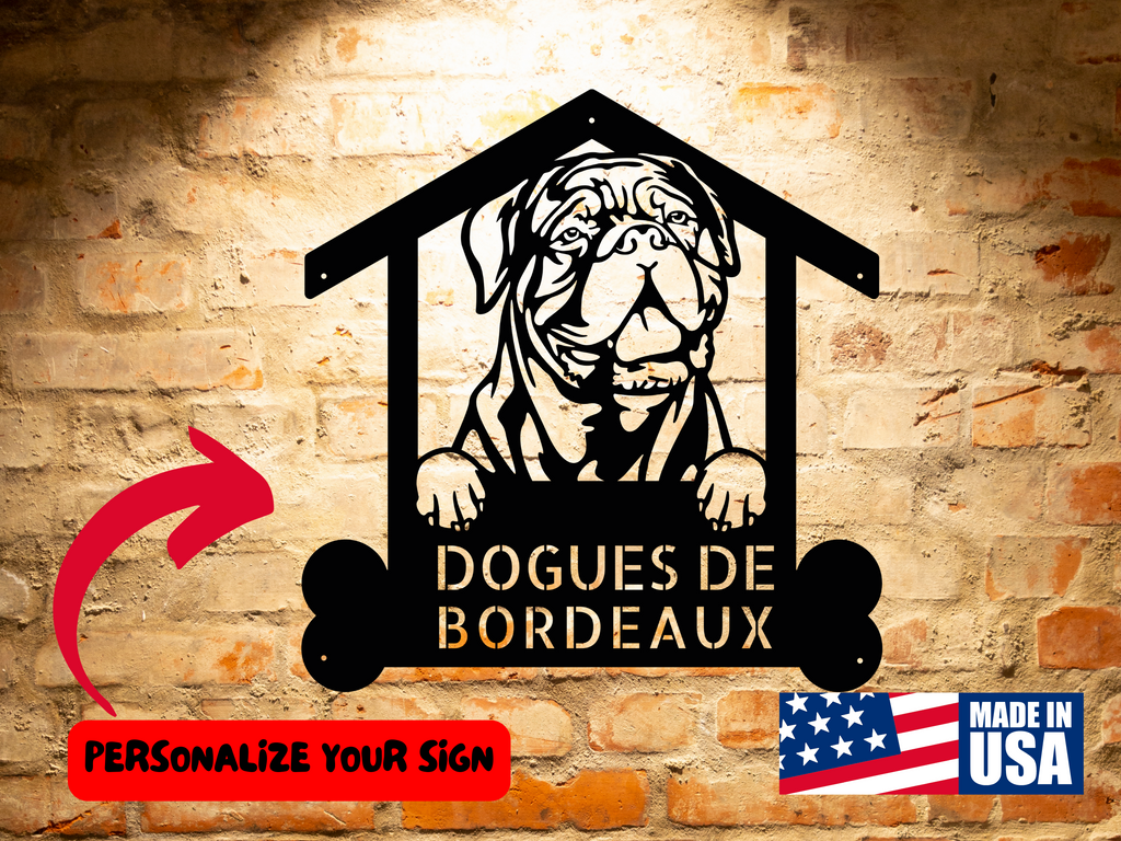 A wooden door with a Custom Dogue de Bordeaux Metal Sign - Personalized Dog Wall Art - Handcrafted Home Decor - Unique Gift for Dogue de Bordeaux Dog Enthusiasts, perfect for personalized dog wall art enthusiasts.