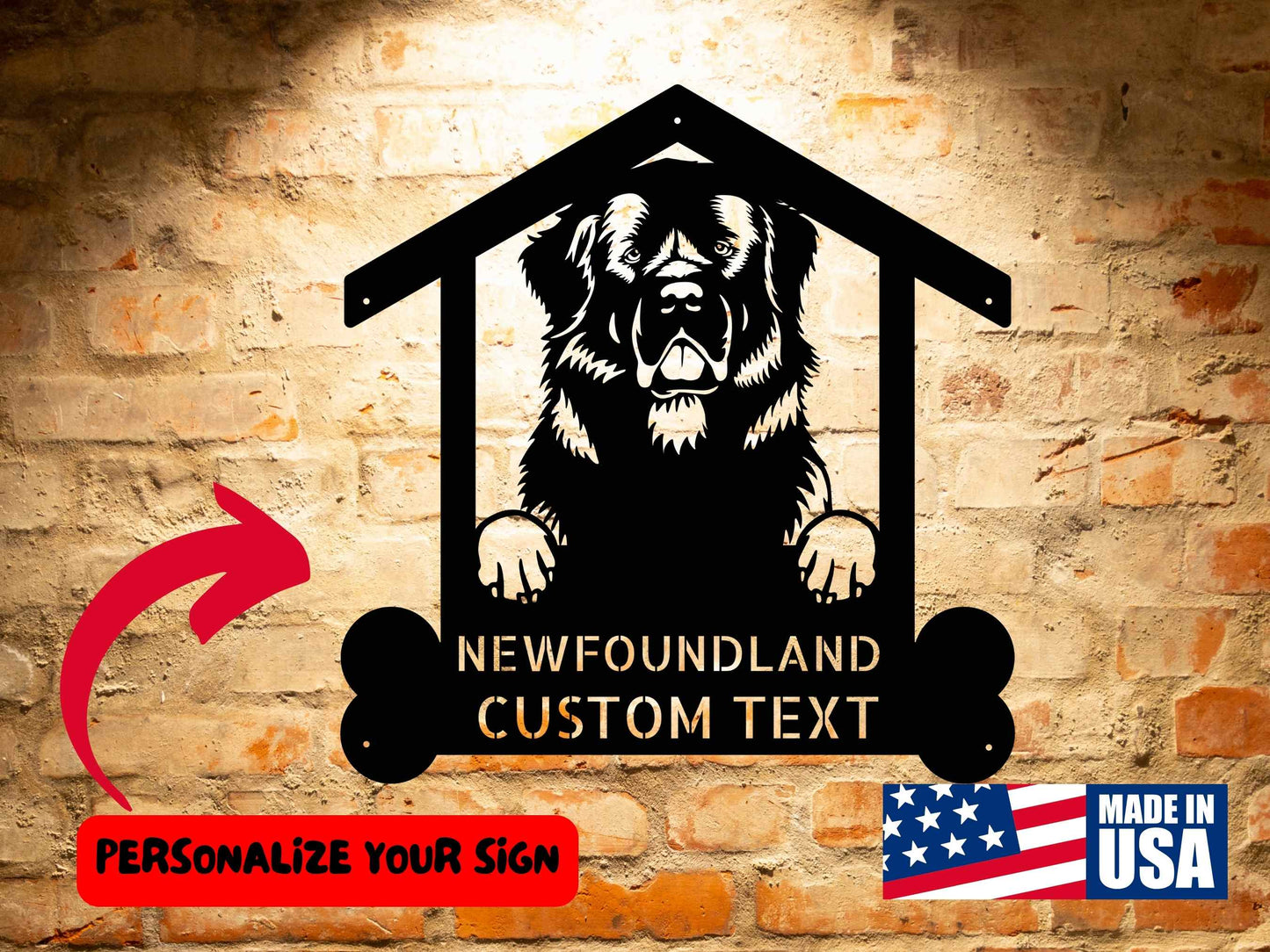 Custom Newfoundland Dog Sign | Personalized Steel Monogram Wall Art dog house sign.