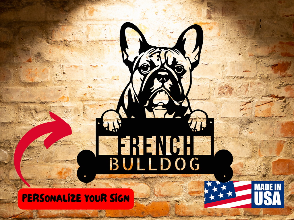 Bulldog Lovers can now enjoy a Personalized French Bulldog Dog Sign, Custom Dog Wall Art, Handcrafted Pet Home Decor, Unique Gift for Bulldog Lovers featuring a French Bulldog sign on a brick wall.