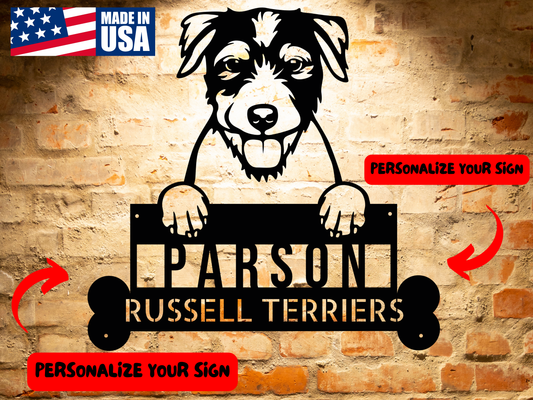 A wooden door with an arched window is set in a brick wall. A potted plant sits on the left, and a Parson Russell Terrier Wall Art, Custom Dog Name Steel Monogram, Personalized Home Decor for Animal Lovers Gift hangs beside the door.