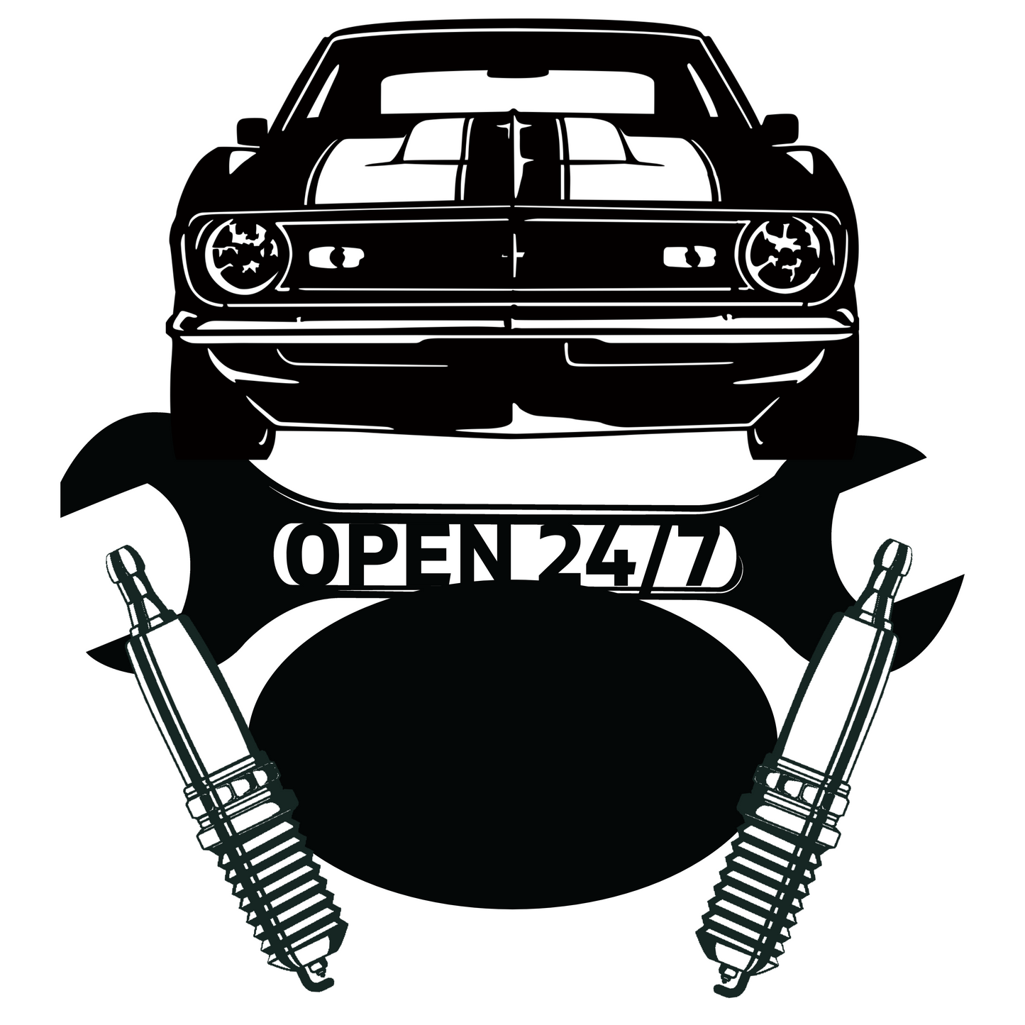 a black and white image of a car with the words open 247 on it