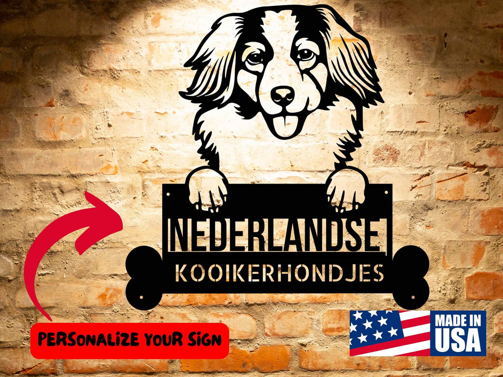 A wooden door with a Custom Kooikerhondjes Dog Sign | Personalized Steel Monogram Wall Art on it.