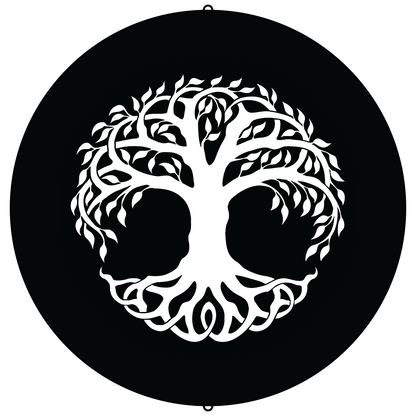 a white tree of life on a black circle