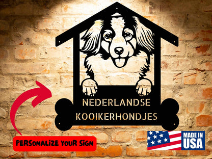 A wooden door with a Personalized Kooikerhondjes Dog Sign | Custom Steel Monogram Wall Art on it.