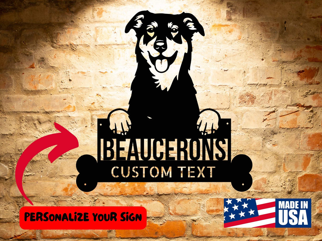 Enhance your home decor with a Personalized BEAUCERONS Custom Dog Metal Sign - Unique Dog Wall Art for Dog Lovers - Customizable Dog Address Sign - Premium Metal Home Decor featuring a dog.