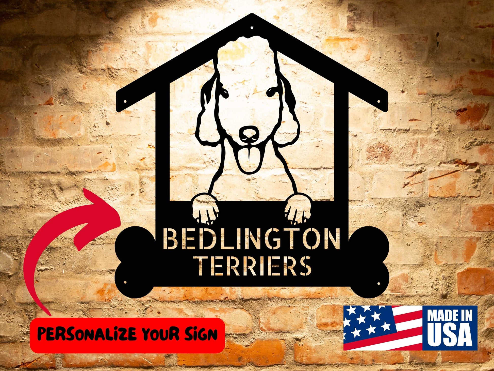 Custom Bedlington Terrier Welcome Sign featuring a silhouette of the breed along with the text "Bedlington Terriers." The design includes an arrow pointing to "Personalize Your Sign" and a "Made in USA" label, all set against a brick wall background.