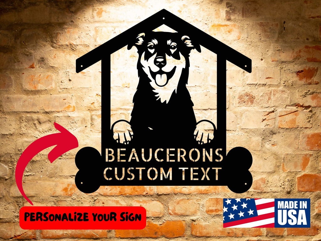 A custom CUSTOM BEAUCERONS SIGN with an American flag on it, perfect for dog lovers.