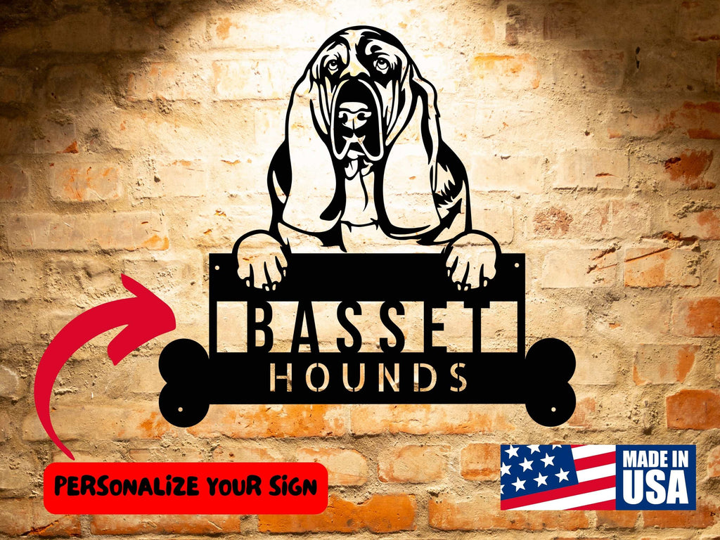 A black and white image of a Basset Hounds Custom Dog Breed Metal Sign - Personalized Welcome Sign for Dog Lovers - Dog Address Sign - Unique Dog Wall Art holding a sign.