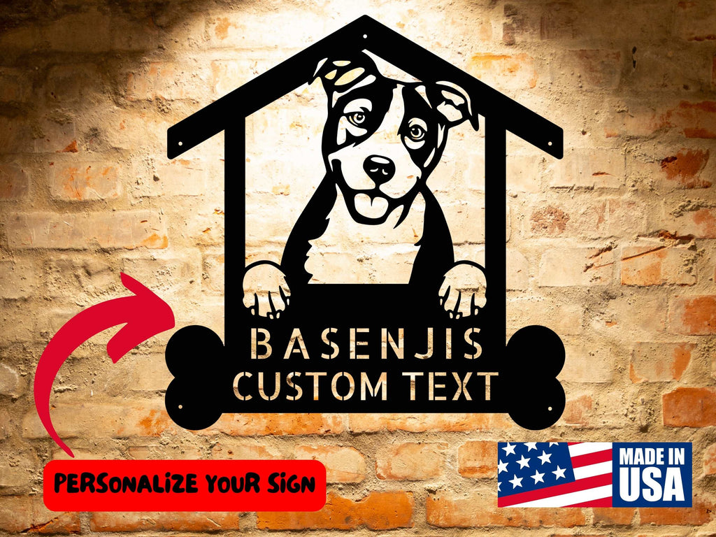 A BASENJIS Custom Dog Breed Metal Sign - Personalized Welcome Sign for Dog Lovers - Dog Address Sign - Unique Dog Wall Art with a dog in a house.