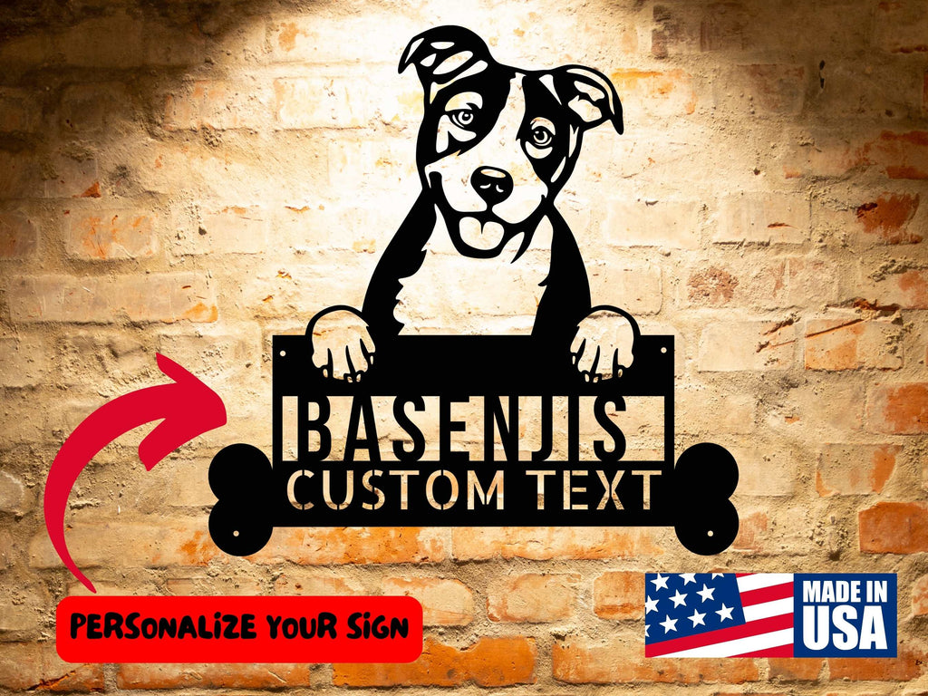 Modify the description below with ONLY one or two of the keywords below:

Description: BASENJIS DOG SIGN, Custom Dog Breed Steel Monogram Sign.

Keywords: personalized welcome sign, custom dog breed steel monogram