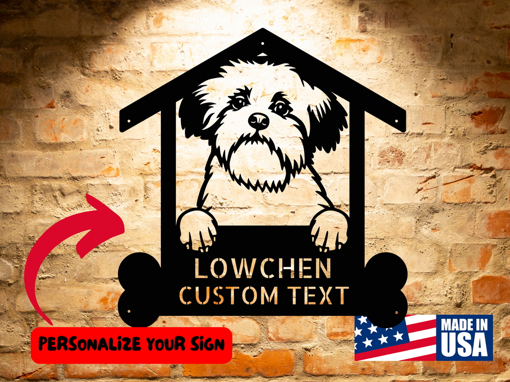 A wooden door with a Personalized Lowchen Dog Name Sign | Custom Pet Wall Art for Lowchen Lovers on it.