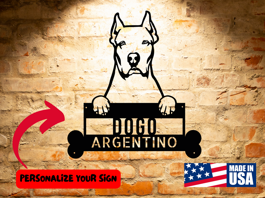 This Dogo Argentino Dog Name Sign, Personalized Animal Wall Art, Unique Pet Home Decor, Gift for Dogo Argentino Dog Devotees features a dog holding a sign that says Dogo Argentino.