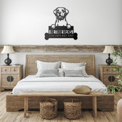 Silhouette of a Chesapeake Bay Retriever holding a sign with text: "RETRIEVERS CHESAPEAKE BAY." Ideal as 3. Retriever Curly-Coated Metal Sign for Home, Custom Steel Dog Art, Distinct Pet Lover Gift, Unique Wall Décor.