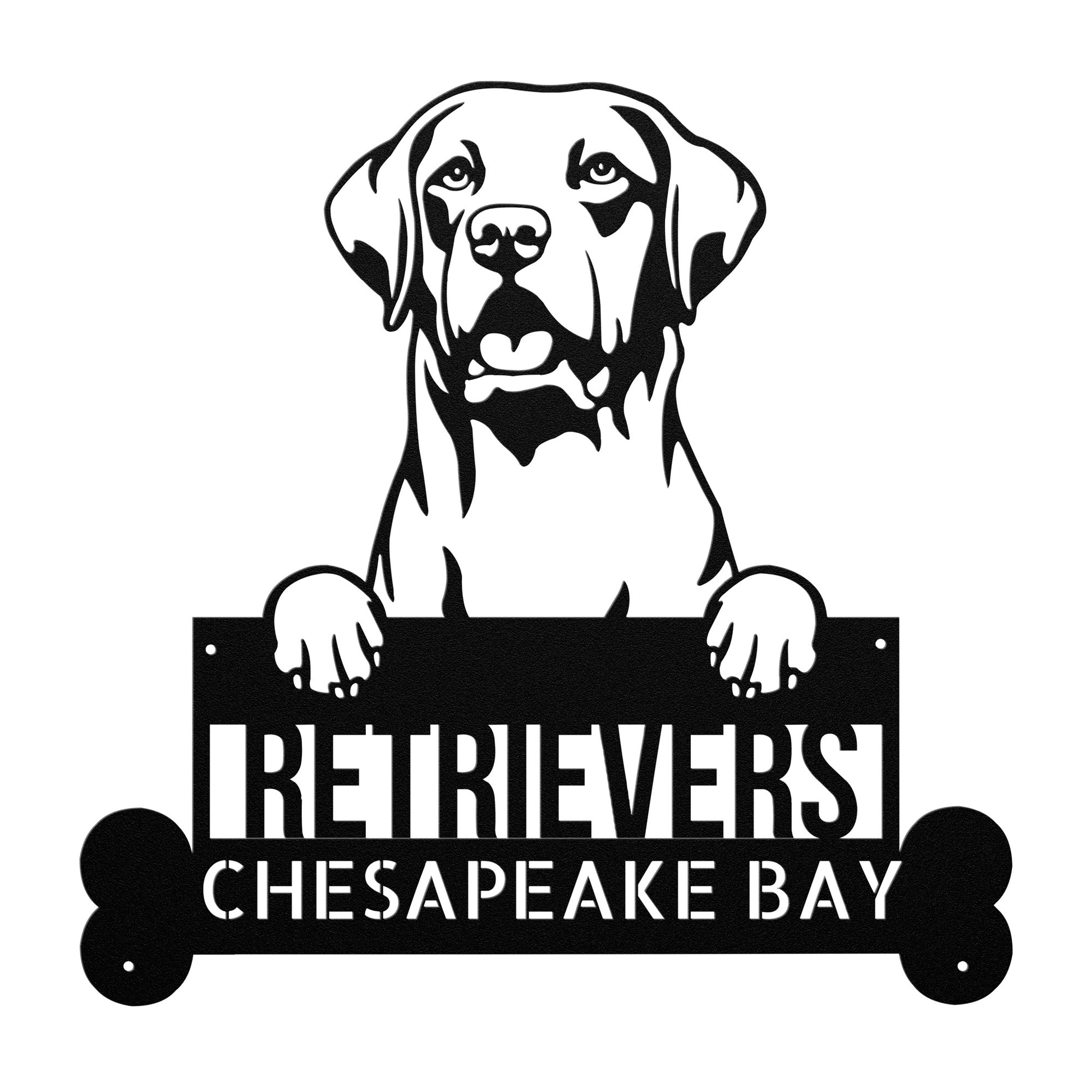 Silhouette of a Chesapeake Bay Retriever holding a sign with text: "RETRIEVERS CHESAPEAKE BAY." Ideal as 3. Retriever Curly-Coated Metal Sign for Home, Custom Steel Dog Art, Distinct Pet Lover Gift, Unique Wall Décor.