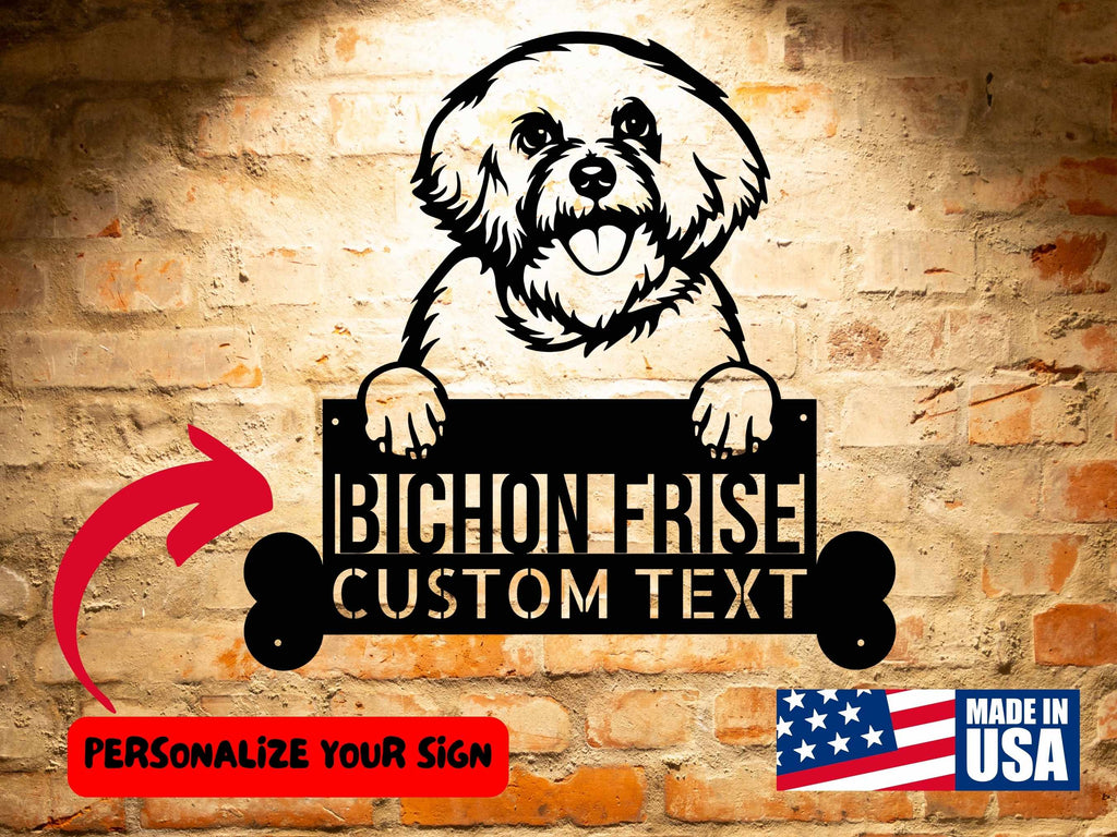 A personalized Bichon Frise Dog Sign with a sign that says Bichon Frise custom text.