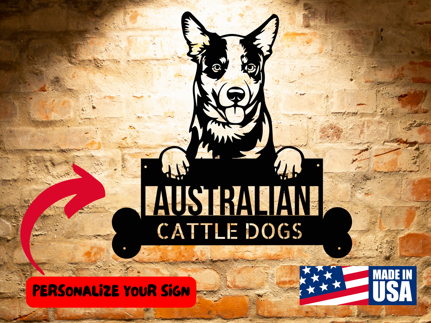 AUSTRALIAN CATTLE DOGS - Custom Dog Breed Metal Sign - Personalized Welcome Sign for Dog Lovers - Dog Address Sign - Dog Wall Art- Unique Gift for Dad logo.