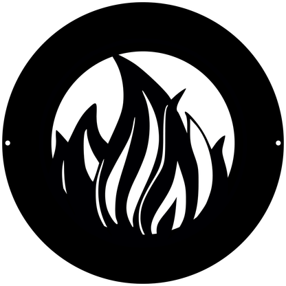 a black and white logo with a fire inside of it