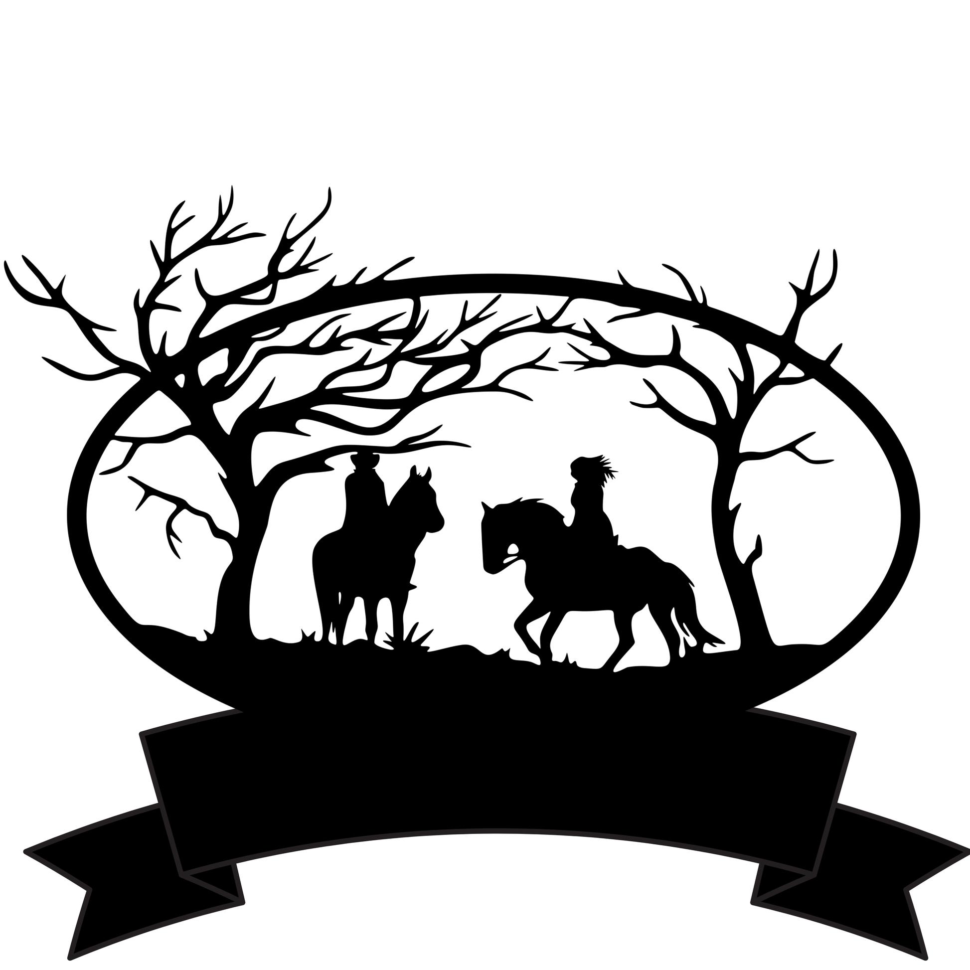 a black and white silhouette of two cowboys on horseback