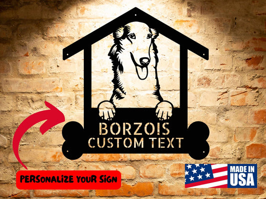 A metal Borzoi Dog Sign Steel Monogram Wall Art, Personalized Pet Home Decor, Custom Dog Wall Art, Unique Gift for Pet Lovers depicting a dog inside a doghouse with customizable text. The background is a brick wall. This personalized dog wall art promotes customization and is made in the USA.