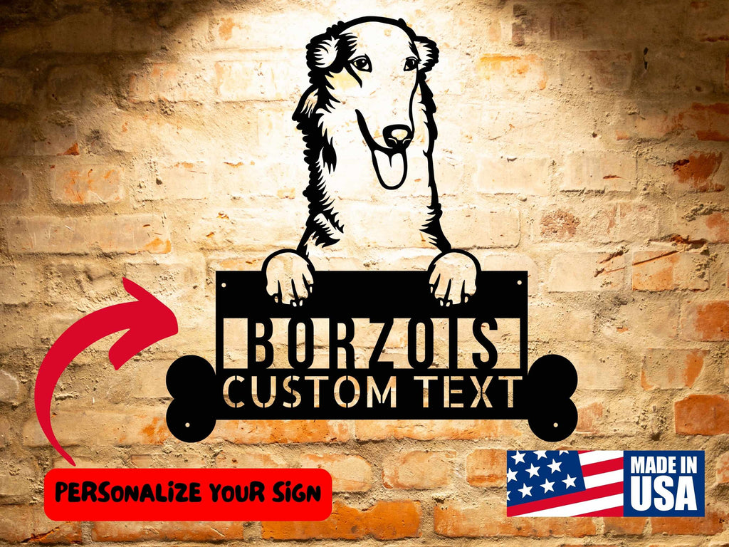 A wooden sign with a dog holding a Custom Borzoi Dog Name Sign featuring the keyword "Borzoi".