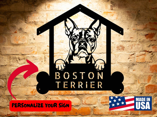 Personalized Boston Terrier Dog Name Sign, Custom Pet Wall Art, Steel Monogram Art for Dog Enthusiasts, Pet Lovers Gift featuring a Boston Terrier within a house-shaped frame and the text "Boston Terrier" below. A red arrow points to "Personalize Your Sign," perfect for Boston Terrier dog enthusiasts. The custom pet wall art bears the "Made in USA" label in the bottom right.