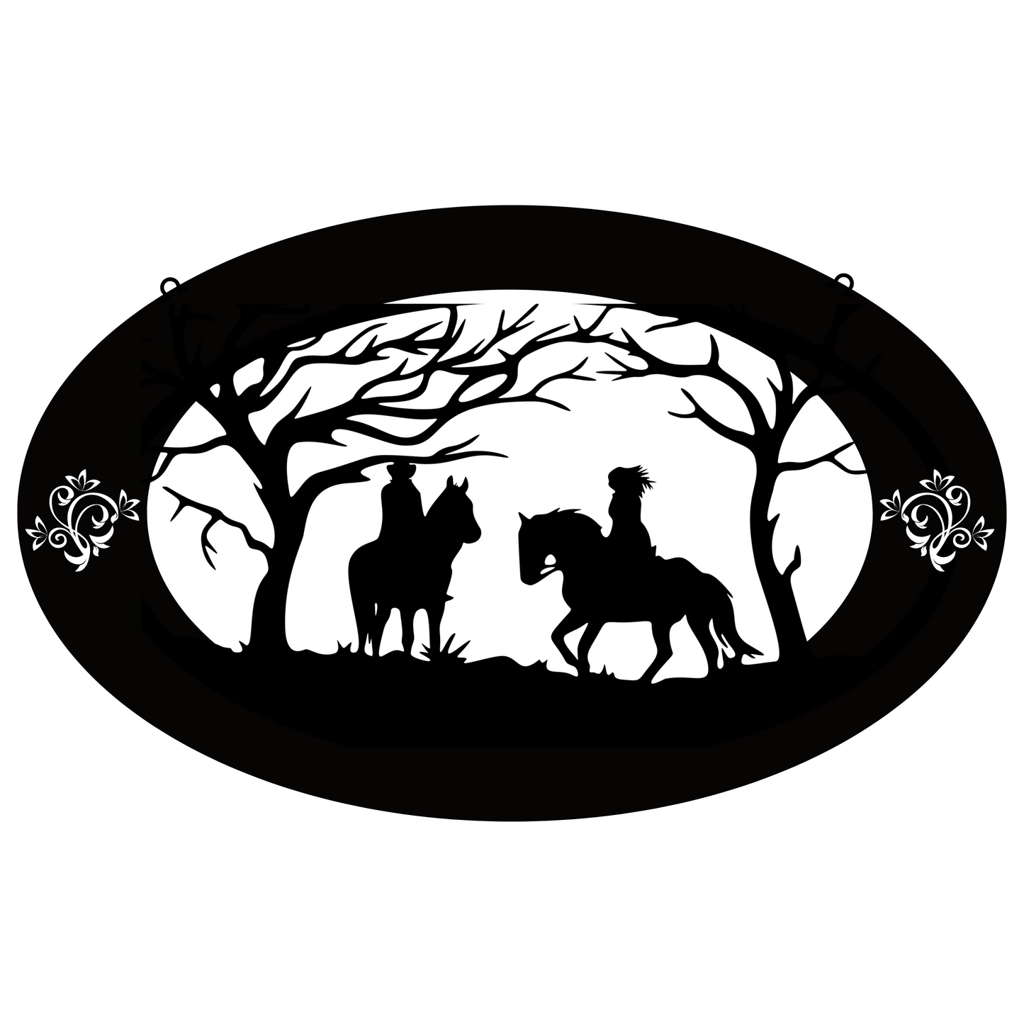 a silhouette of two people riding horses through a forest