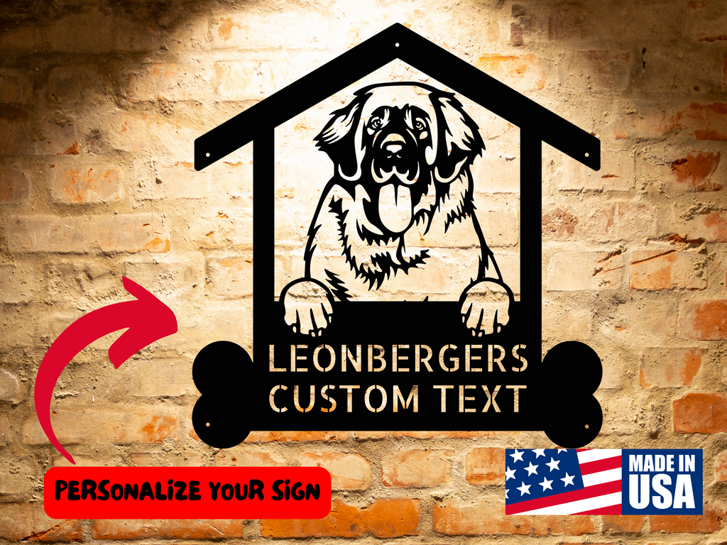 A wooden door with the Unique Personalized Leonberger Dog Name Sign | Premium Custom Pet Wall Art on it.