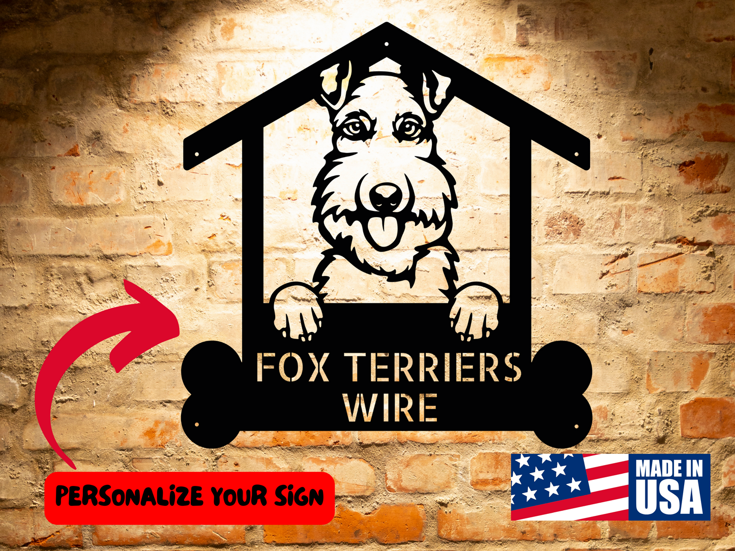 Personalized Wire Fox Terriers Dog Sign, Custom Dog Wall Art, Handcrafted Home Decor, Unique Gift for Wire Fox Terriers featuring an image of a Fox Terrier dog, with the text "FOX TERRIERS WIRE." Text "PERSONALIZE YOUR SIGN" with an arrow and "MADE IN USA" label are also present. Perfect custom dog wall art and a wonderful gift for Wire Fox Terrier enthusiasts.